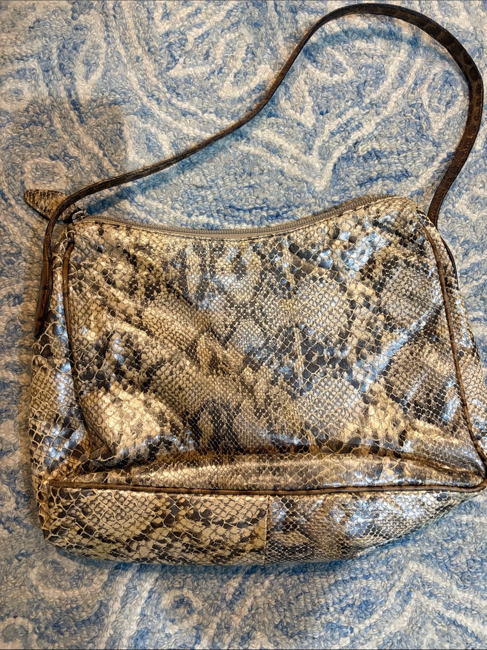 Metallic Snake-Print Shoulder Bag in Taupe